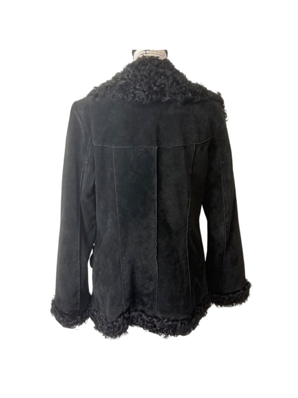 Express Womens Size M Suede Jacket Black Lambs Fur Trim - Picture 3 of 8